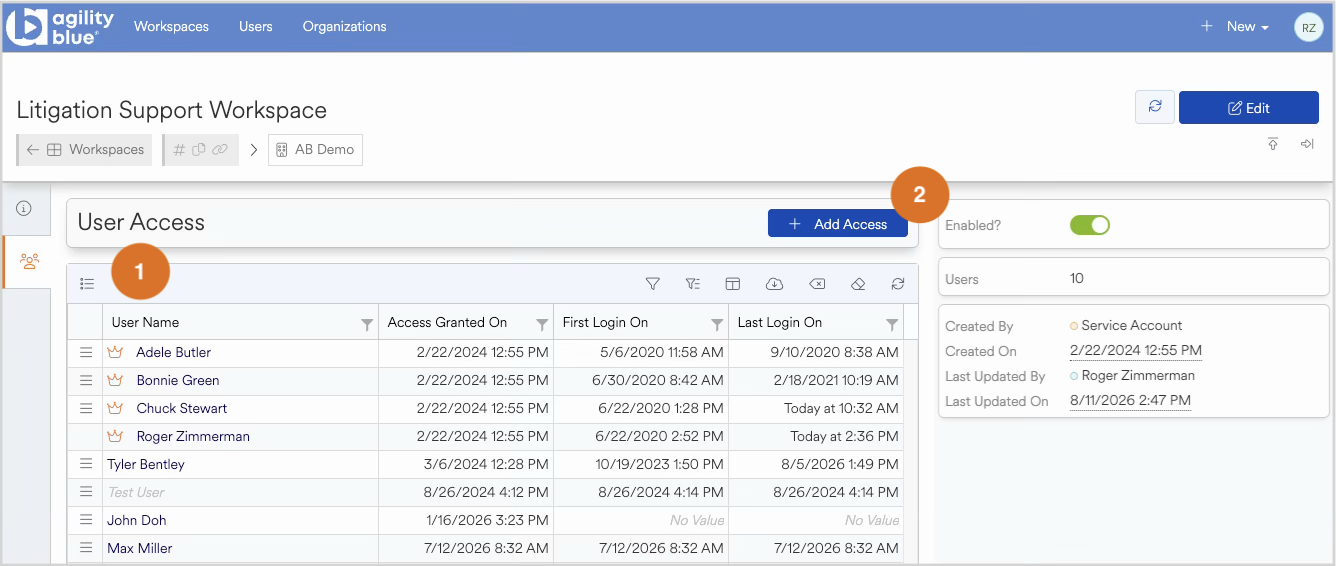 User access management interface displaying user details and access settings.